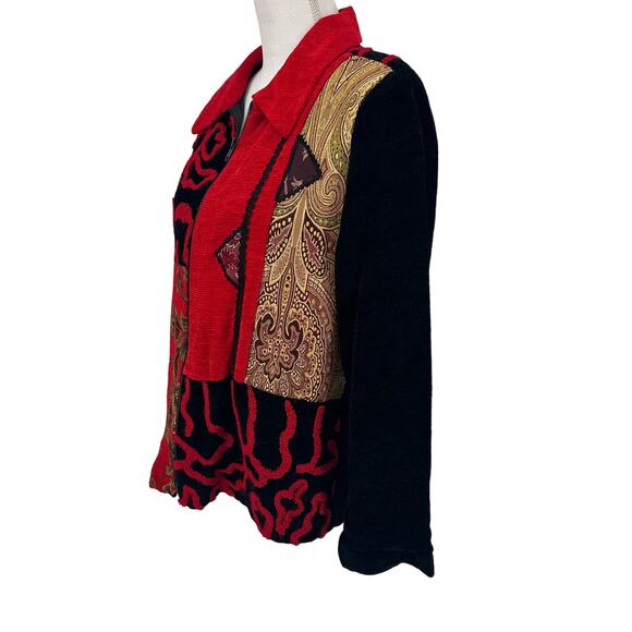 Vintage Julia Kim Red Black Gold Tapestry Patchwork Jacket Sz PS - Picture 2 of 7